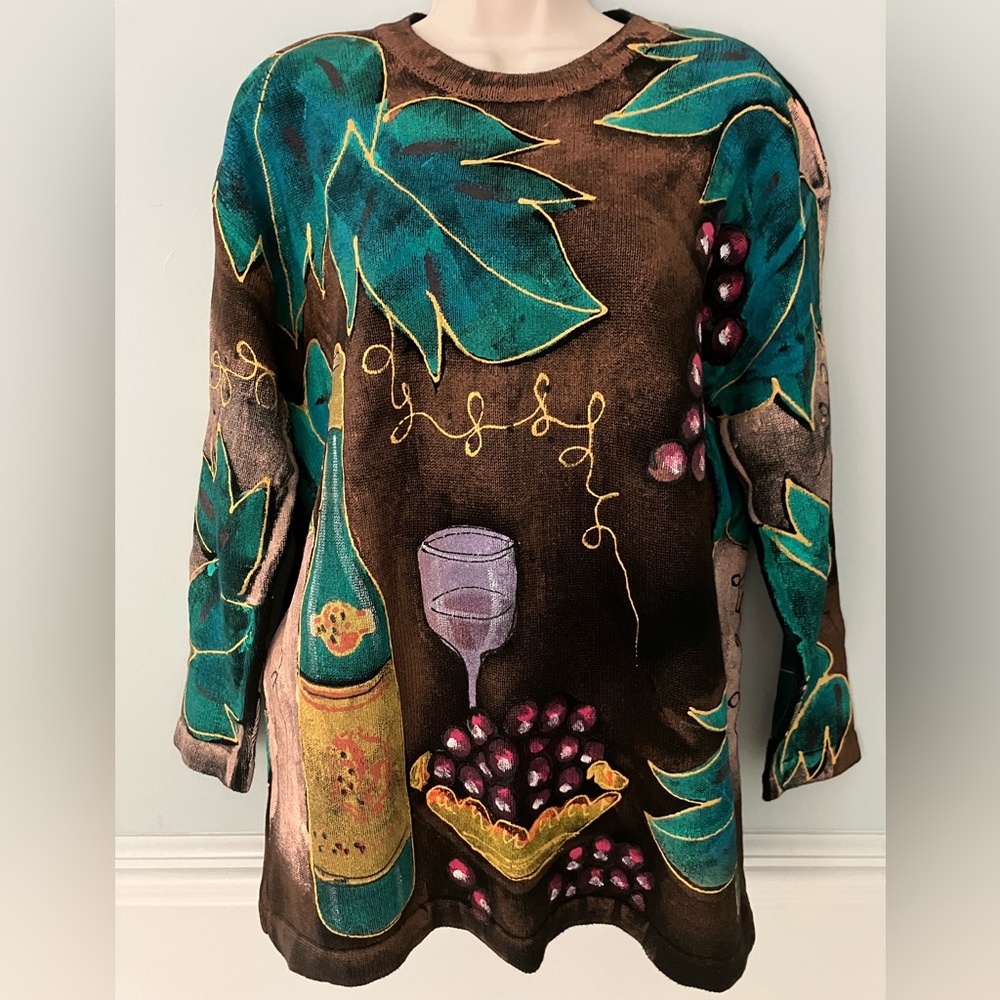 MARGUERITA Vintage cotton hand painted sweater art teacher wine vineyard S